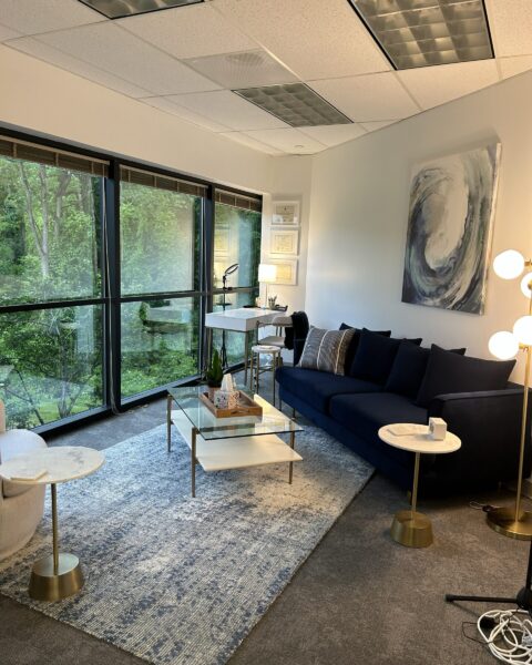 A modern office with a navy sofa, glass coffee table, floor lamp, and large windows overlooking greenery.